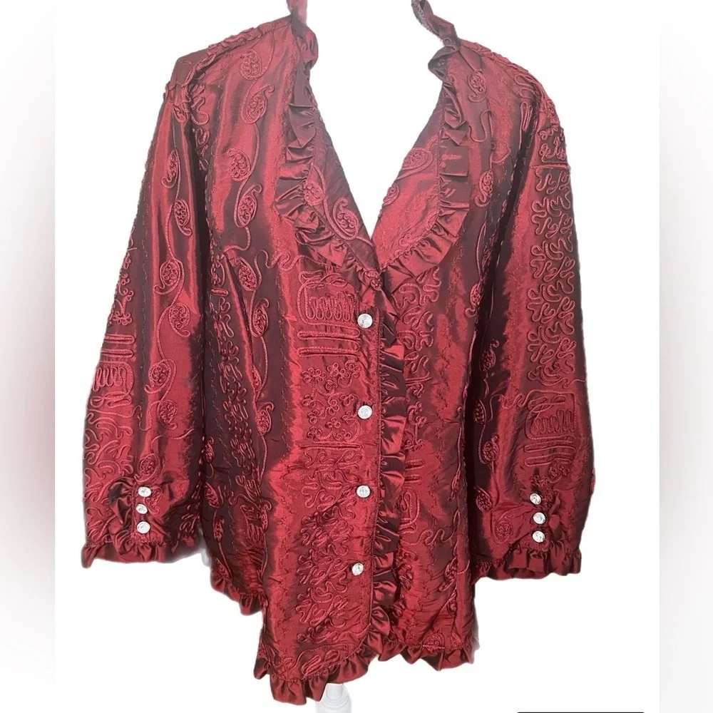 🔥🔥Violin Crimson Metallic Blazer. Size 3X  Glass Beads Button Up 3/4 Sleeve